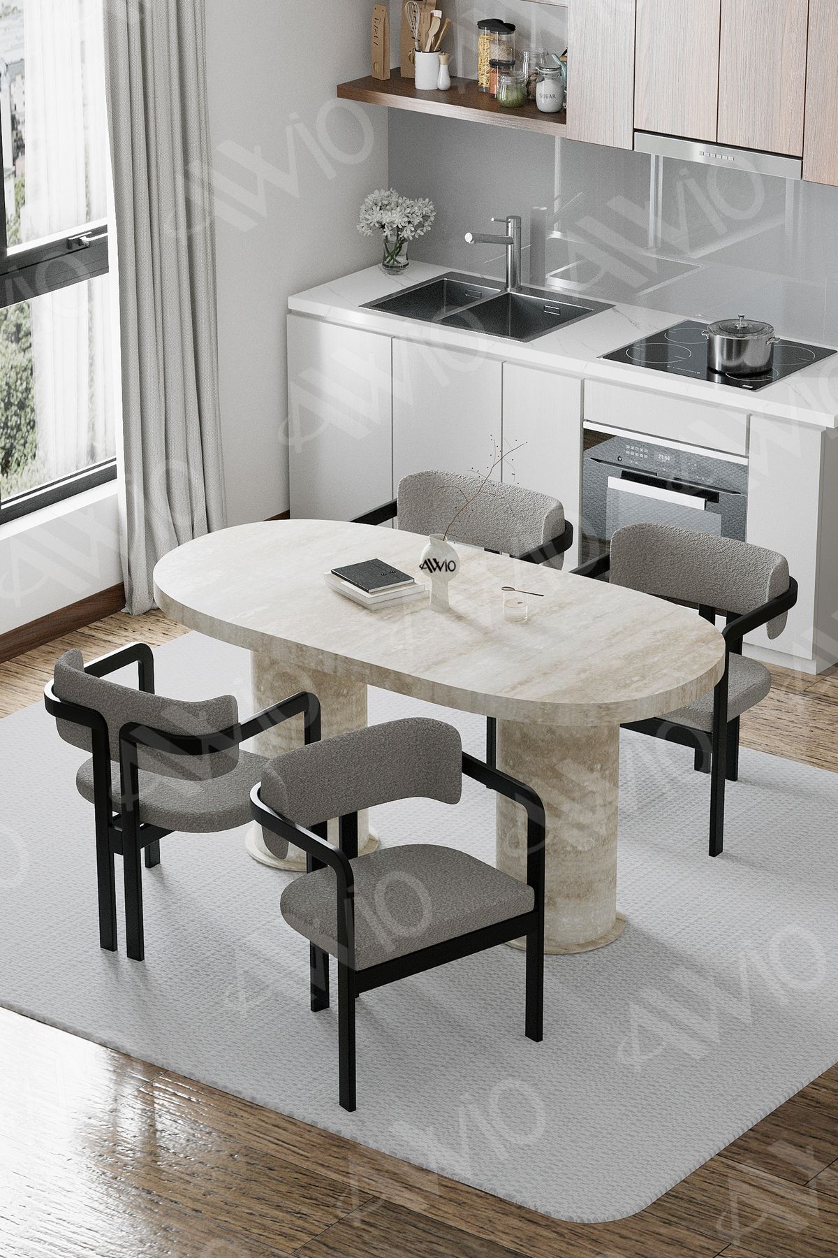 Traverten 80X 140 Yemek Masası Mutfak Masası 4 Kişilik Masa Sandalye Takımı KREM MASA SANDALYE KUMAŞ GRİ - 80X140