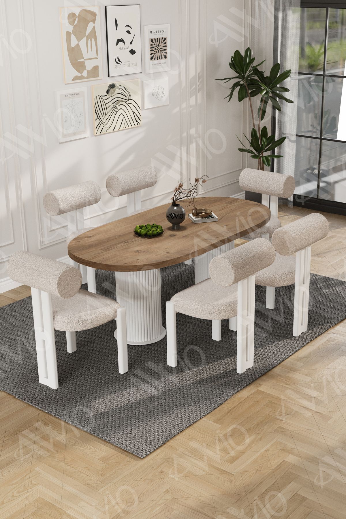 Lizy Bohem Ayak 6'Lı Metal Pofi Demonte Sandalye 80x160 Masa Sandalye Takımı Akça Masa Sandalye Beyaz Kumaş Krem - 80X160