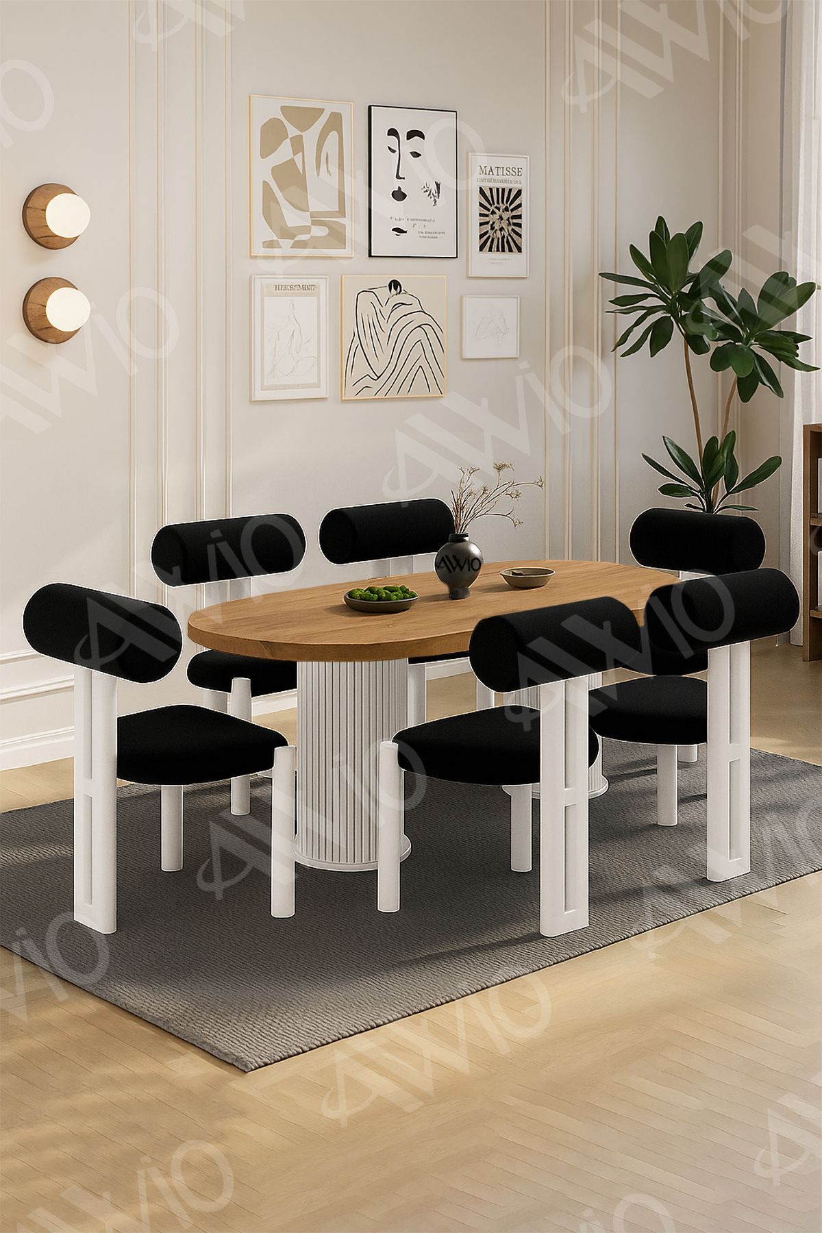 Lizy Bohem Ayak 6'Lı Metal Pofi Demonte Sandalye 80x160 Masa Sandalye Takımı Akça Masa Sandalye Beyaz Kumaş Siyah - 80X160
