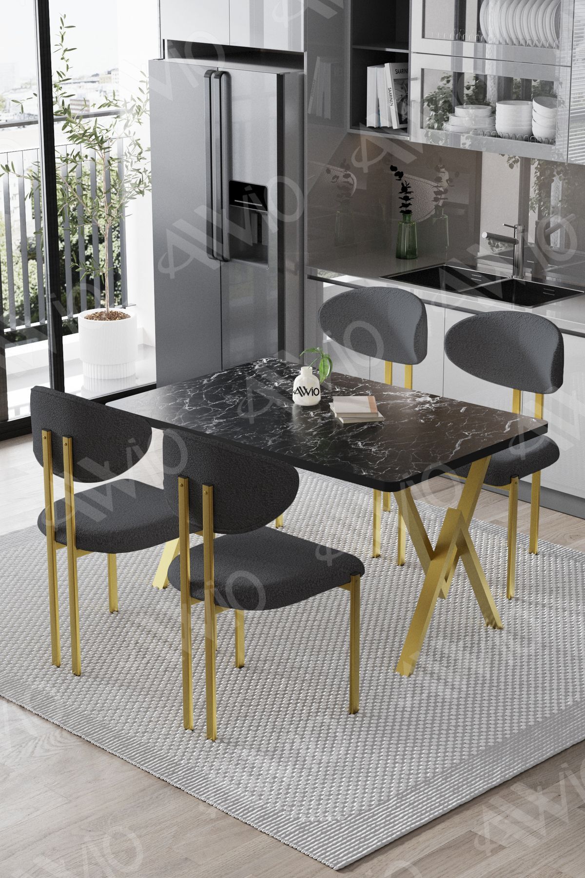 Mirage Mat Gold Lotus 80x120 Yemek Masası Mutfak Masası Ofis Masası 4 Kişilik Masa Sandalye Takımı Siyah Mermer Sandalye Mat Gold Antrasit gri - 80X120