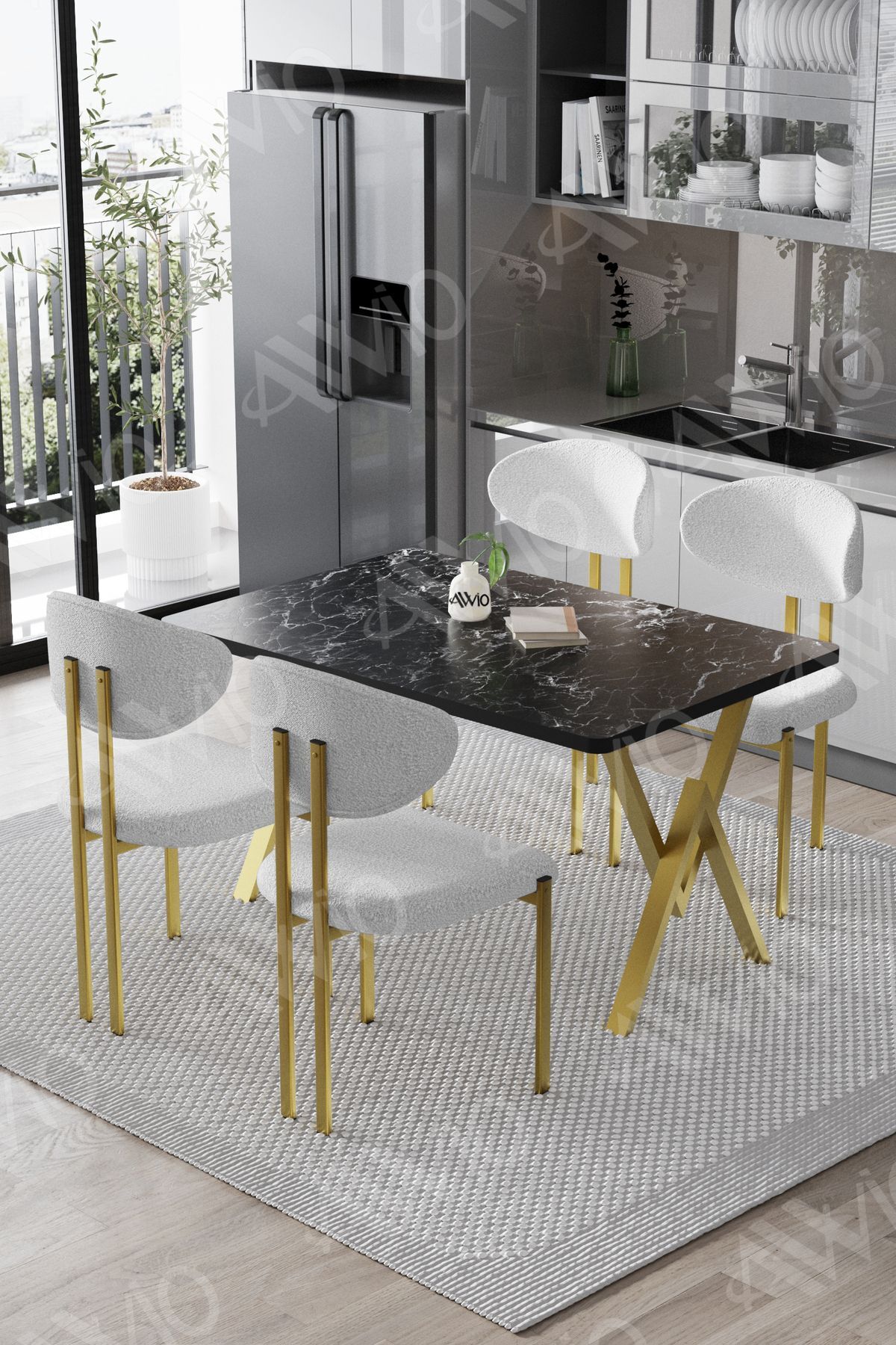 Mirage Mat Gold Lotus 80x120 Yemek Masası Mutfak Masası Ofis Masası 4 Kişilik Masa Sandalye Takımı Siyah Mermer Sandalye Mat Gold Beyaz - 80X120
