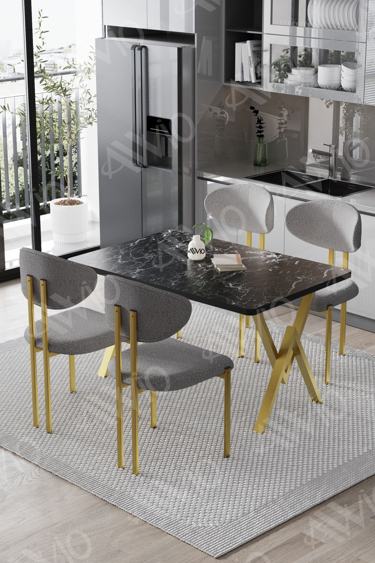 Mirage Mat Gold Lotus 80x120 Yemek Masası Mutfak Masası Ofis Masası 4 Kişilik Masa Sandalye Takımı Siyah Mermer Sandalye Mat Gold Gri - 80X120