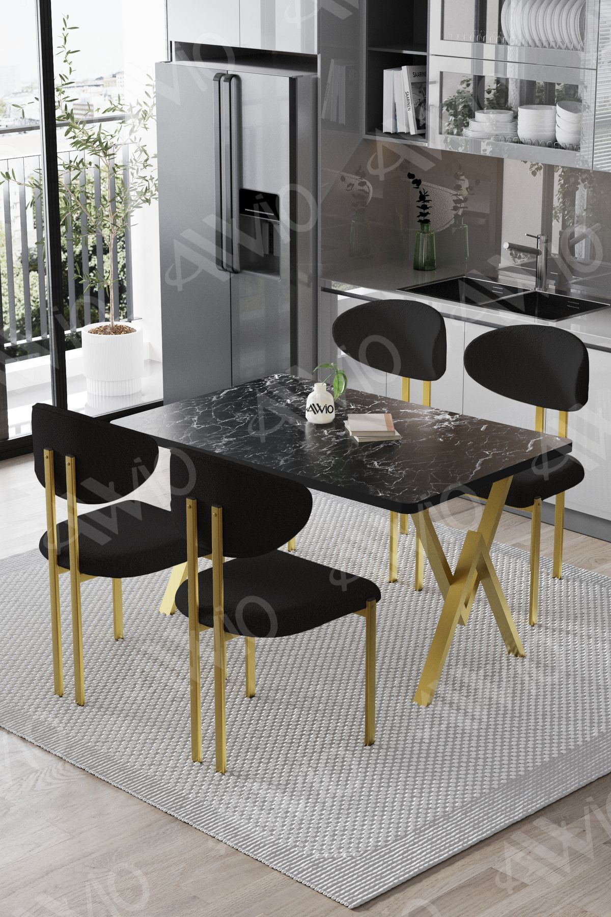 Mirage Mat Gold Lotus 80x120 Yemek Masası Mutfak Masası Ofis Masası 4 Kişilik Masa Sandalye Takımı Siyah Mermer Sandalye Mat Gold Siyah - 80X120