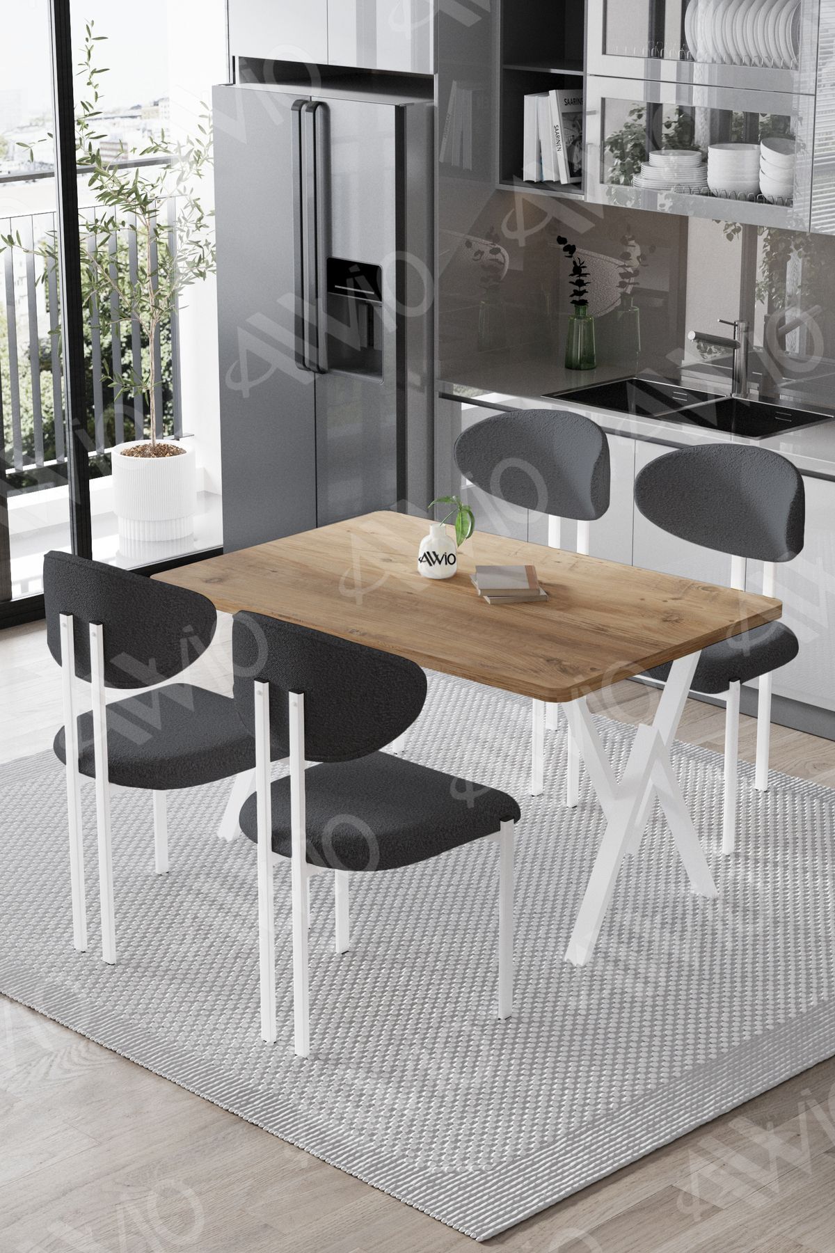 Moon Lotus Sandalye 80x120 Yemek Masası Mutfak Masası 4 Kişilik Masa Sandalye Takımı MASA AKÇA SANDALYE ANTRASİT GRİ - 80X120