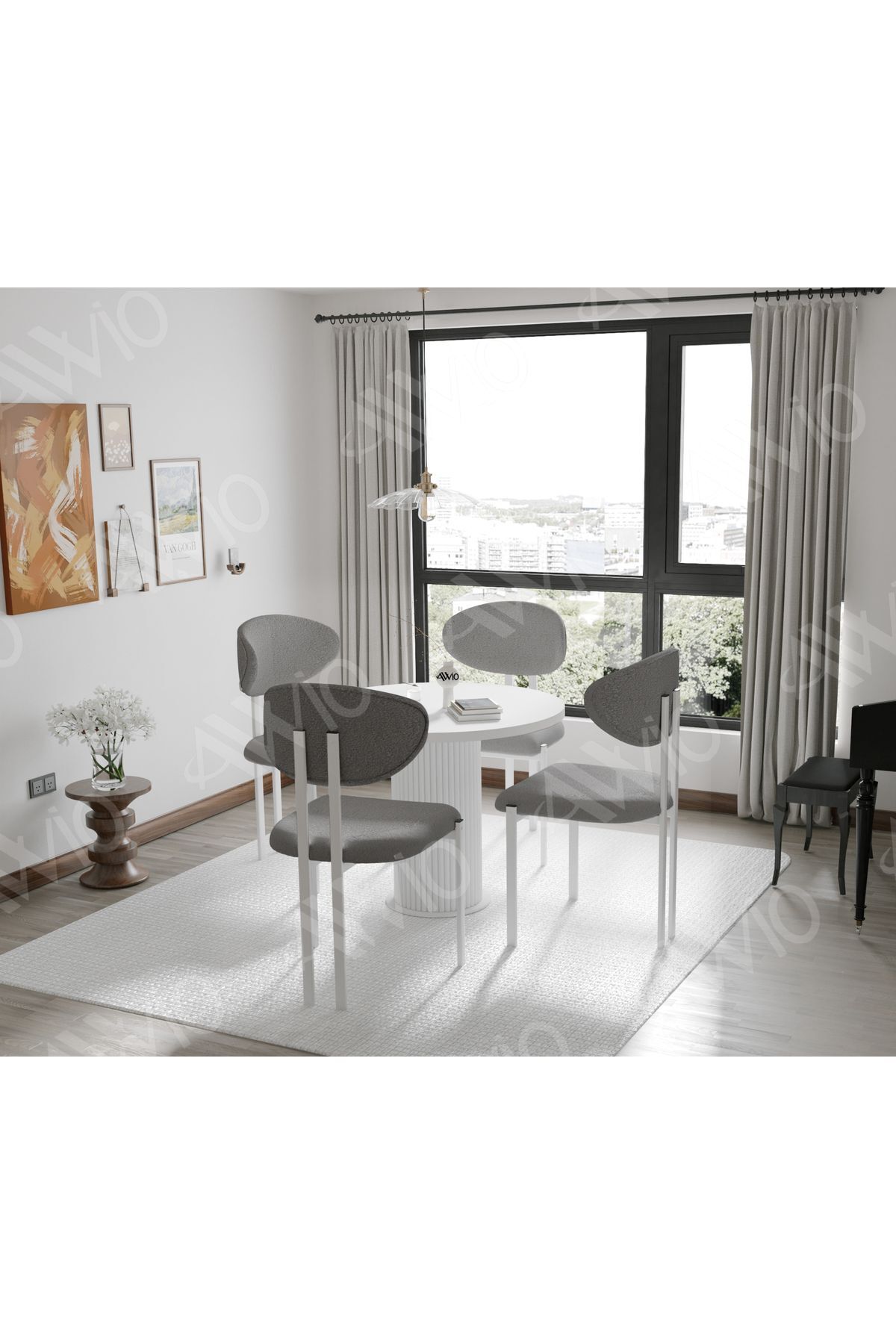 Noa Serisi Bohem Ayak 4'lü Lotus 90x90 Mutfak Masası Yemek Masası Masa Sandalye Takımı Beyaz 90X90 MASA Sandalye  Açık Gri - 90X90