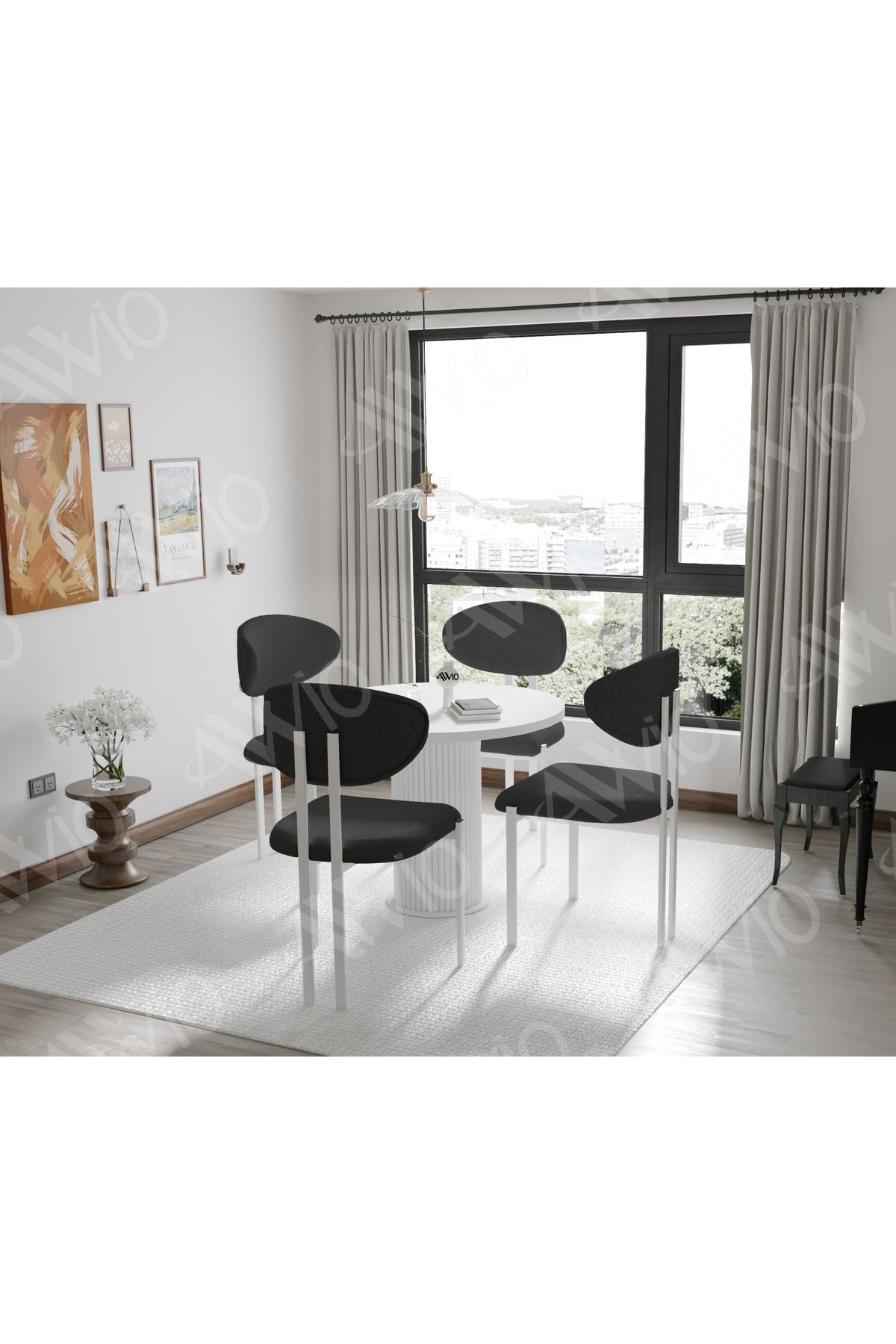 Noa Serisi Bohem Ayak 4'lü Lotus 90x90 Mutfak Masası Yemek Masası Masa Sandalye Takımı Beyaz 90X90 MASA Sandalye Aantrasit gri - 90X90
