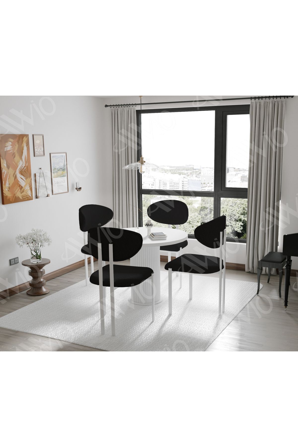 Noa Serisi Bohem Ayak 4'lü Lotus 90x90 Mutfak Masası Yemek Masası Masa Sandalye Takımı Beyaz 90X90 MASA Sandalye Siyah - 90X90