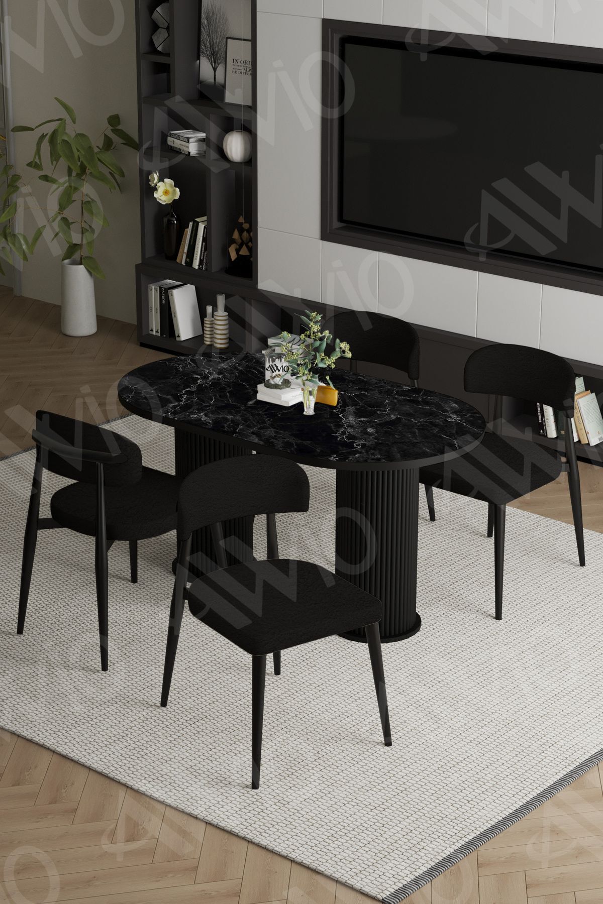 Sophia Bohem Ayak Siyah Polo Sandalye 80x140 Mutfak Masa Sandalye Takımı siyah mermer - 80X140