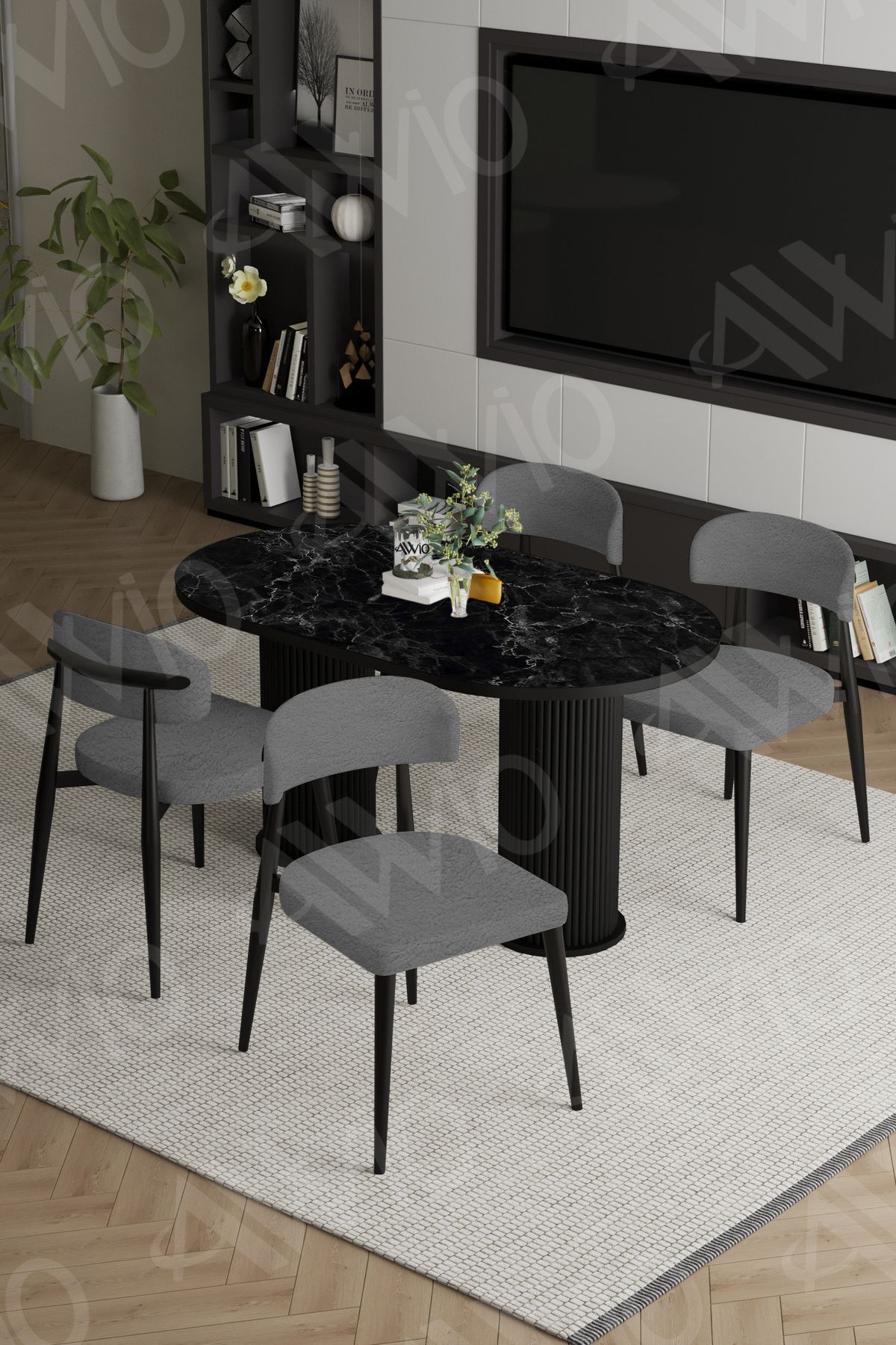 Sophia Bohem Ayak Siyah Polo Sandalye 80x140 Mutfak Masa Sandalye Takımı SİYAH MERMER - 80X140