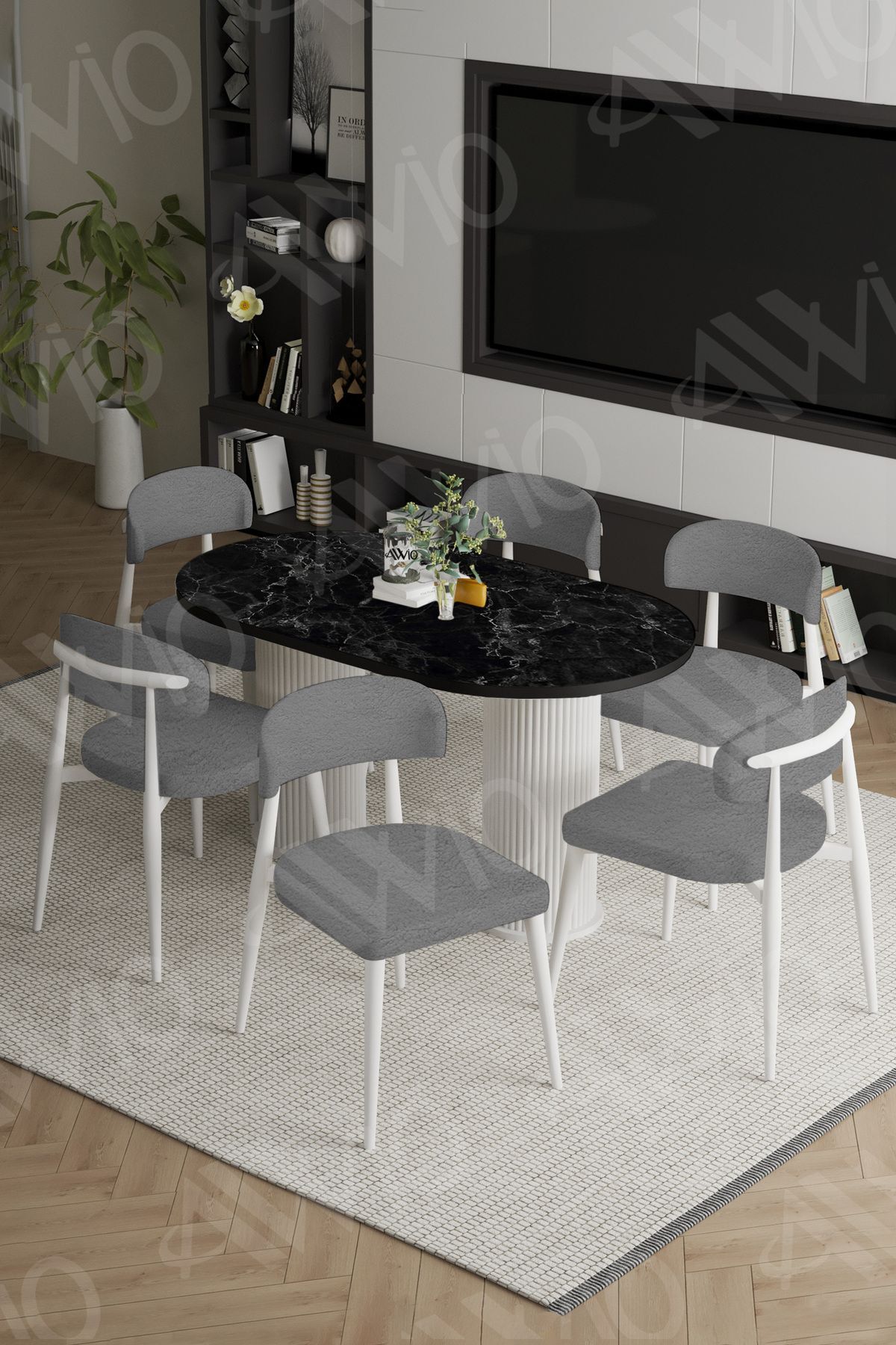 Vermond Bohem Ayak Beyaz Polo Sandalye 80x160 Mutfak Masa Sandalye Takımı SİYAH MERMER - 80X160