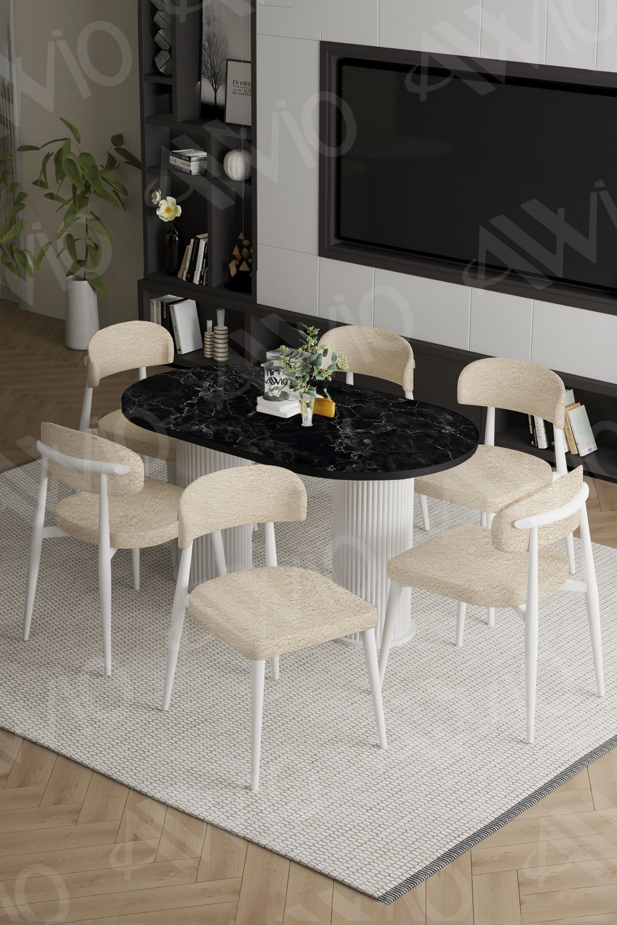 Bohem Ayak Beyaz Polo Sandalye 80x160 Mutfak Masa Sandalye Takımı SİYAH MERMER - 80X160