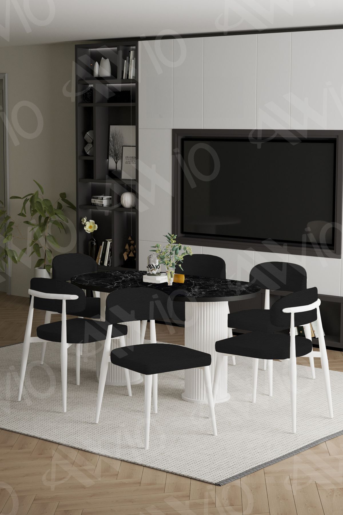 Lea Bohem Ayak Beyaz Polo Sandalye 80x160 Mutfak Masa Sandalye Takımı SİYAH MERMER - 80X160