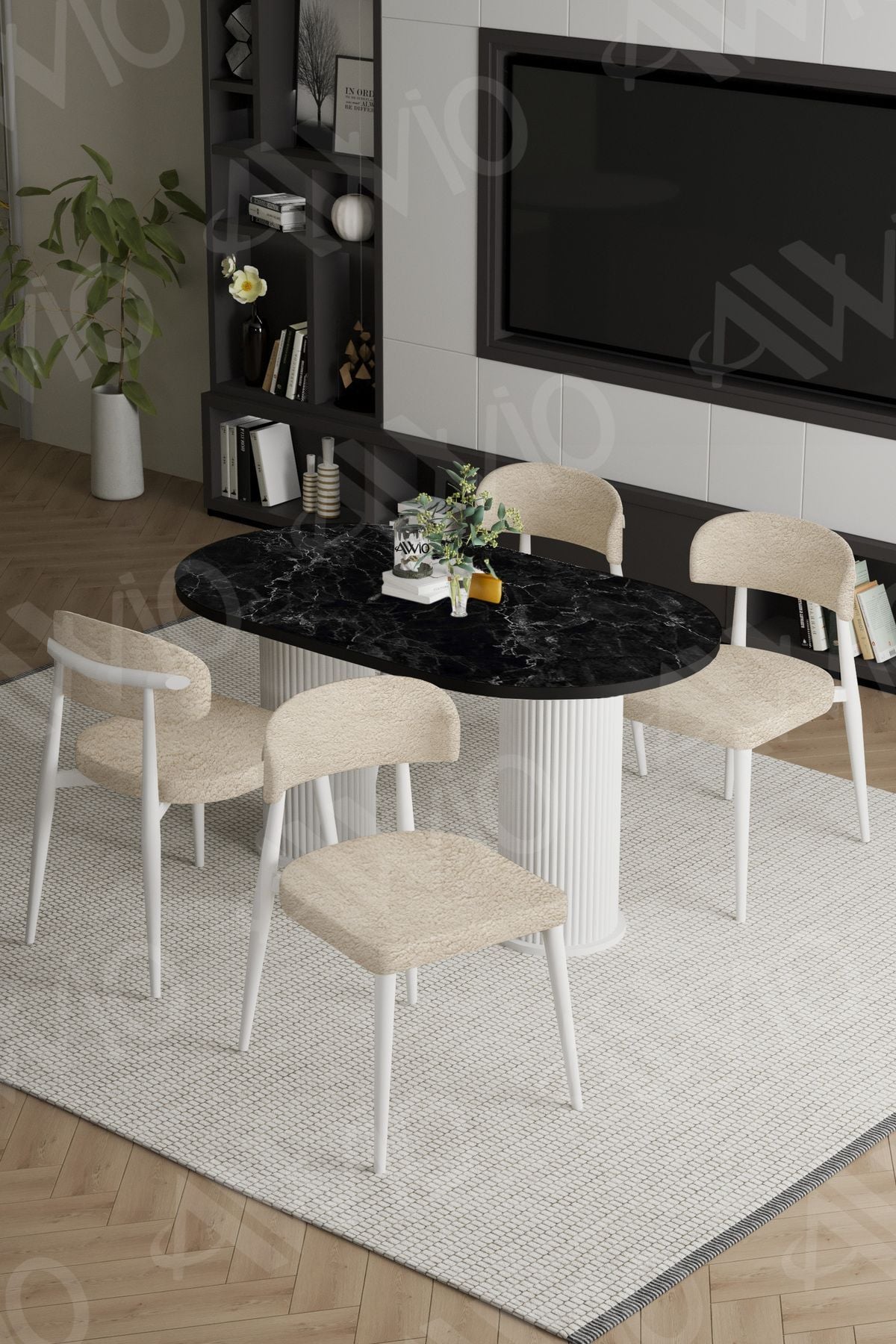 Lyon Beyaz Bohem Ayak Polo Sandalye 80x140 Mutfak Masa Sandalye Takımı SİYAH MERMER - 80X140