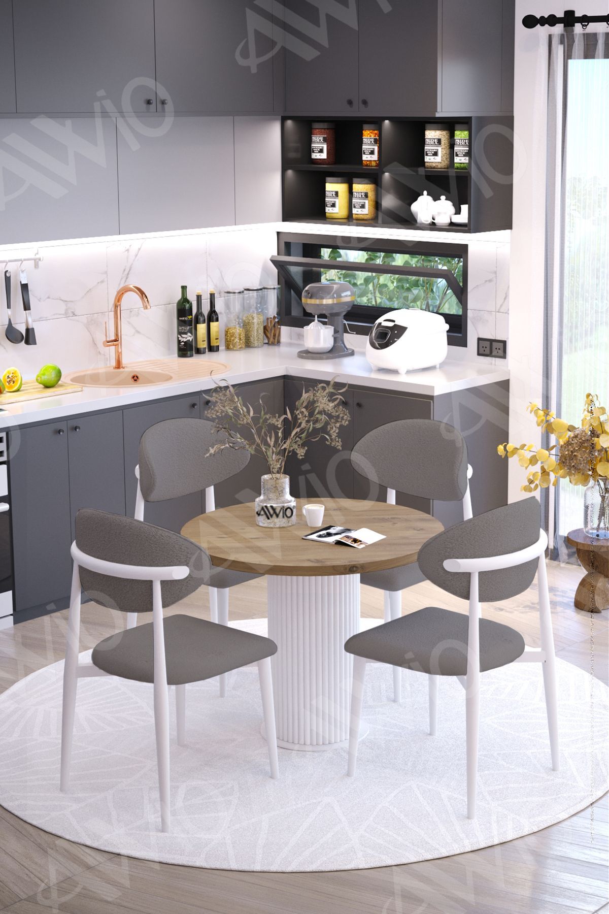 Bella Bohem Ayak Beyaz Polo Sandalye 90x90 Yemek Masası Mutfak Masası Masa Sandalye Takımı AKÇA - 90X90