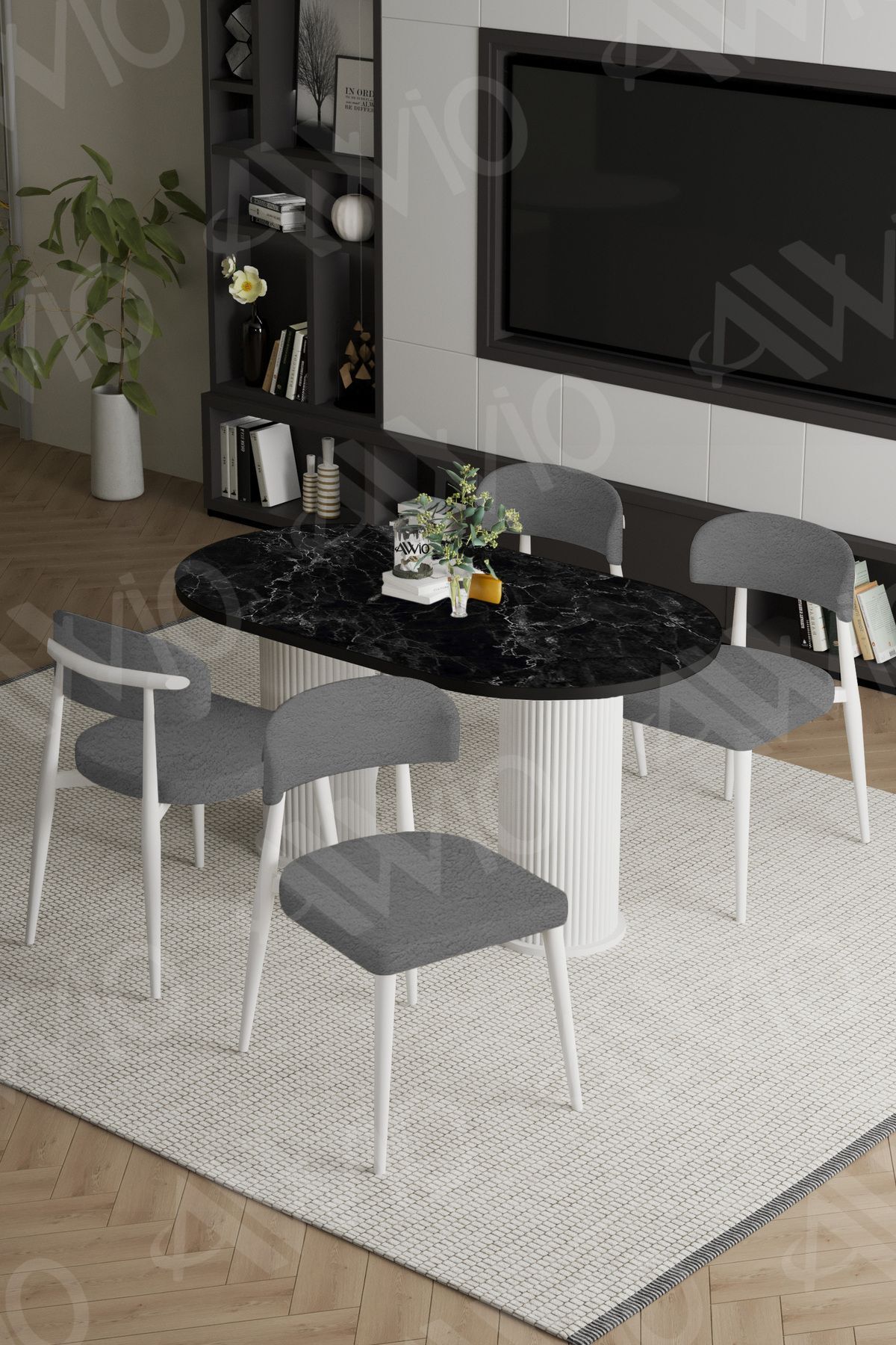 Lavin Beyaz Bohem Ayak Polo Metal Sandalye 80x140 Mutfak Masa Sandalye Takımı SİYAH MERMER - 80X140