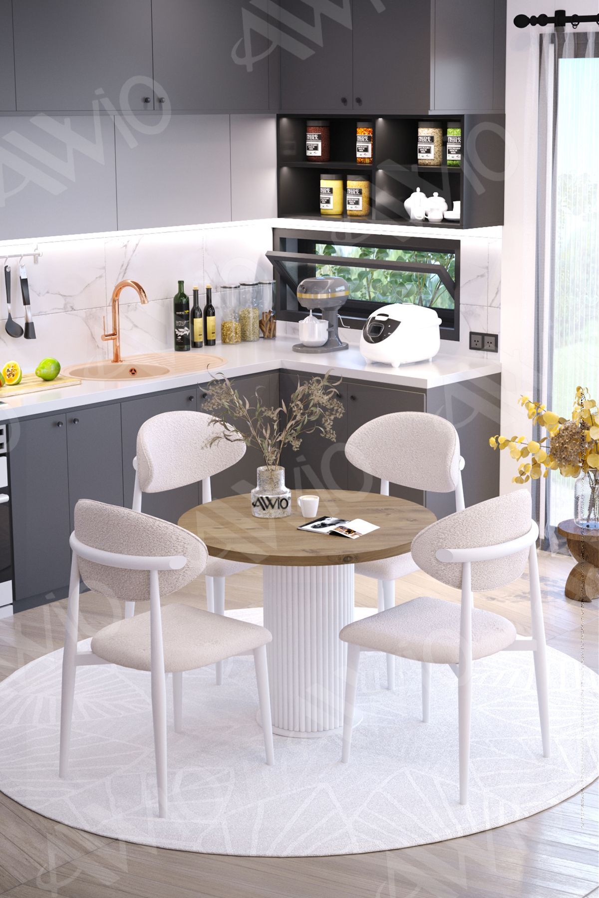Marco Bohem Ayak Beyaz Polo Sandalye 90x90 Mutfak Masa Sandalye Takımı AKÇA - 90X90