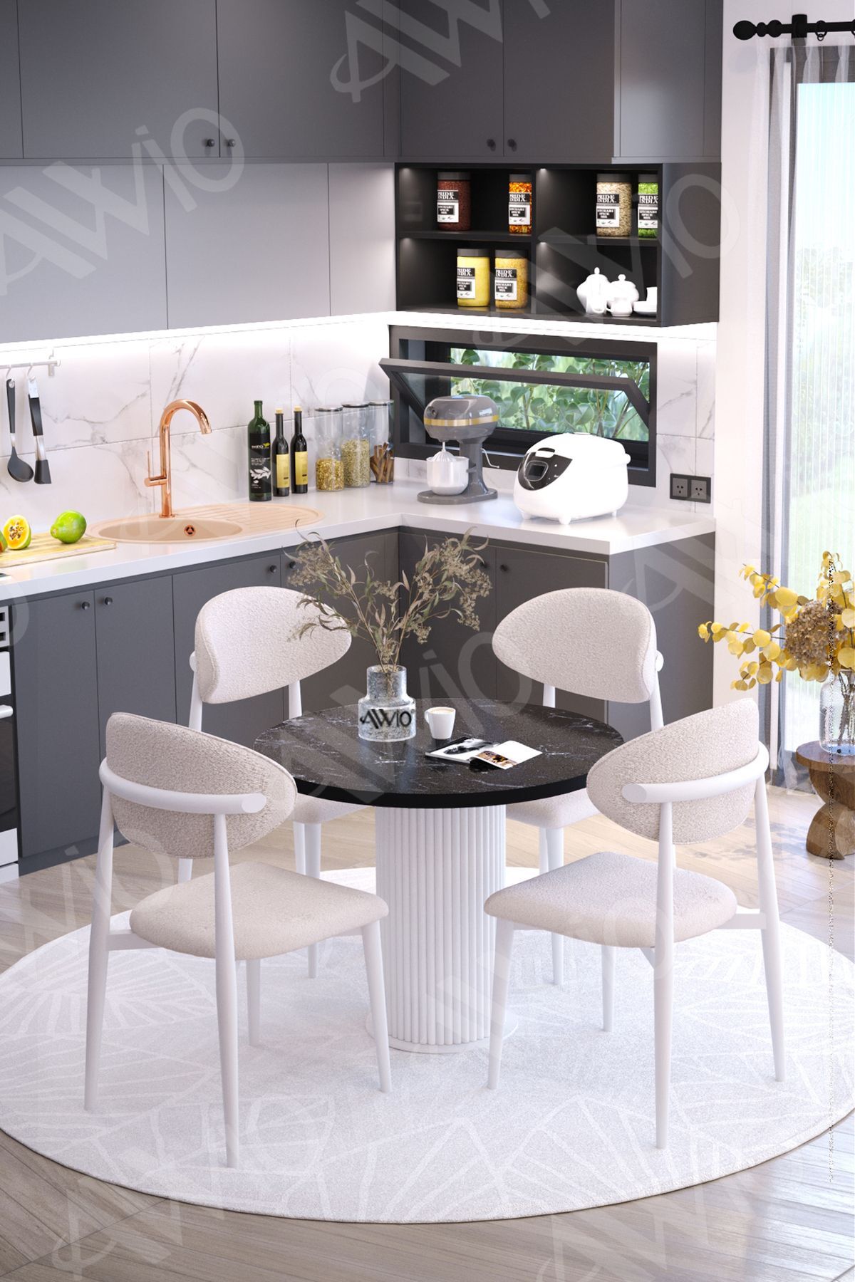 Marco Bohem Ayak Beyaz Polo Sandalye 90x90 Mutfak Masa Sandalye Takımı SİYAH MERMER - 90X90