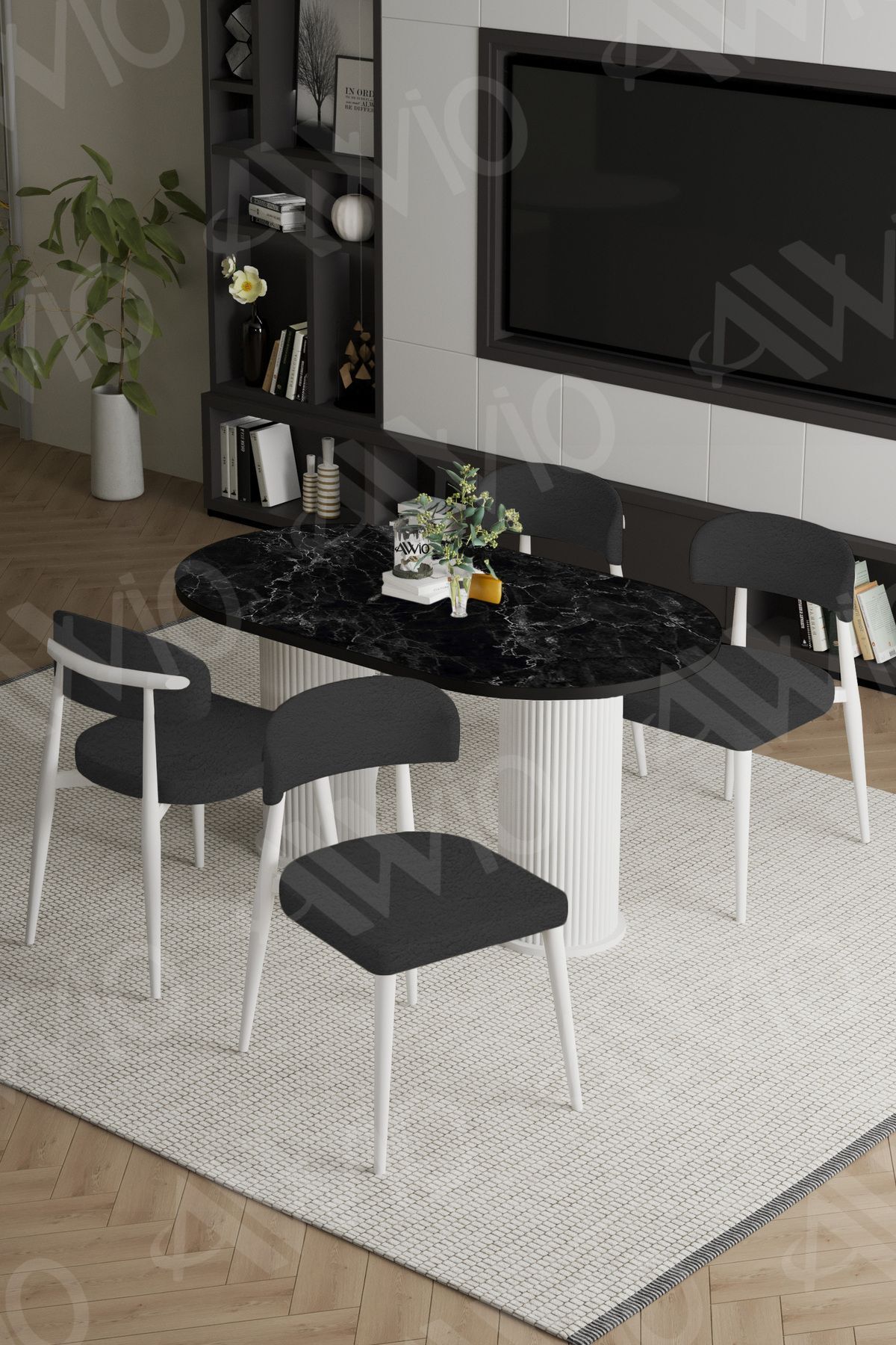 Alessa Beyaz Bohem Ayak Polo Metal Sandalye 80x140 Mutfak Masa Sandalye Takımı SİYAH MERMER - 80X140