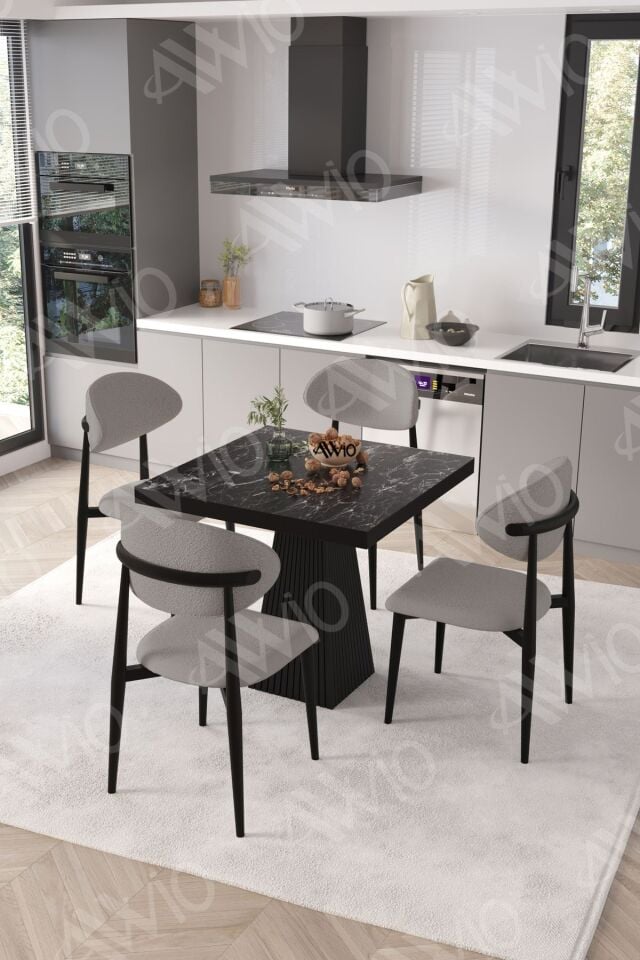 Marven Siyah Polo Metal Sandalye 90X90 Kare Yemek Masası Mutfak Masası Masa Sandalye Takımı