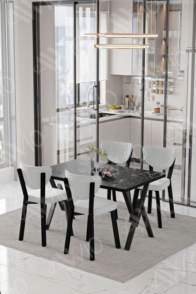 Carla ELMA Sandalye 80x120 Yemek Masası Mutfak Masası 4 Kişilik Masa Sandalye Takım