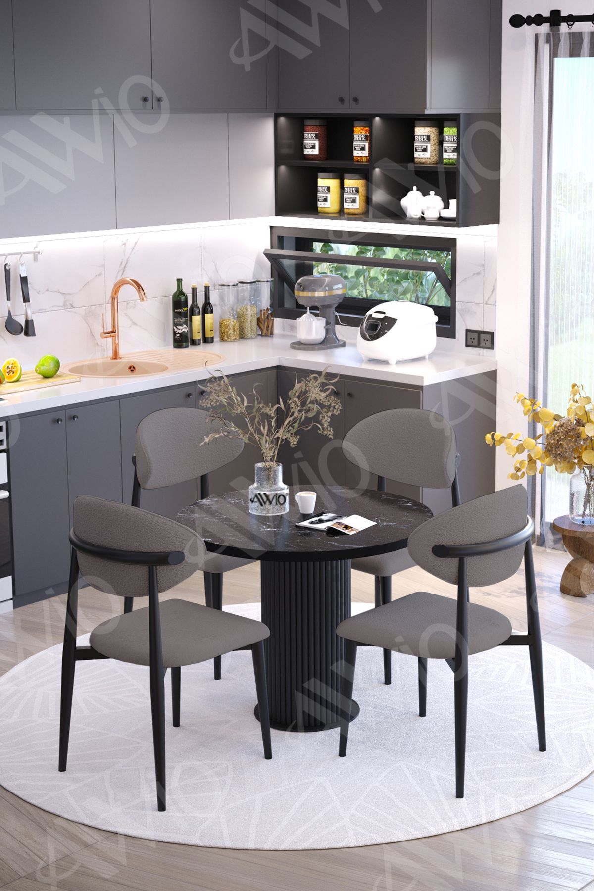 Afya Bohem Ayak Siyah Polo Sandalye 90x90 Mutfak Masa Sandalye Takımı SİYAH MERMER - 90X90