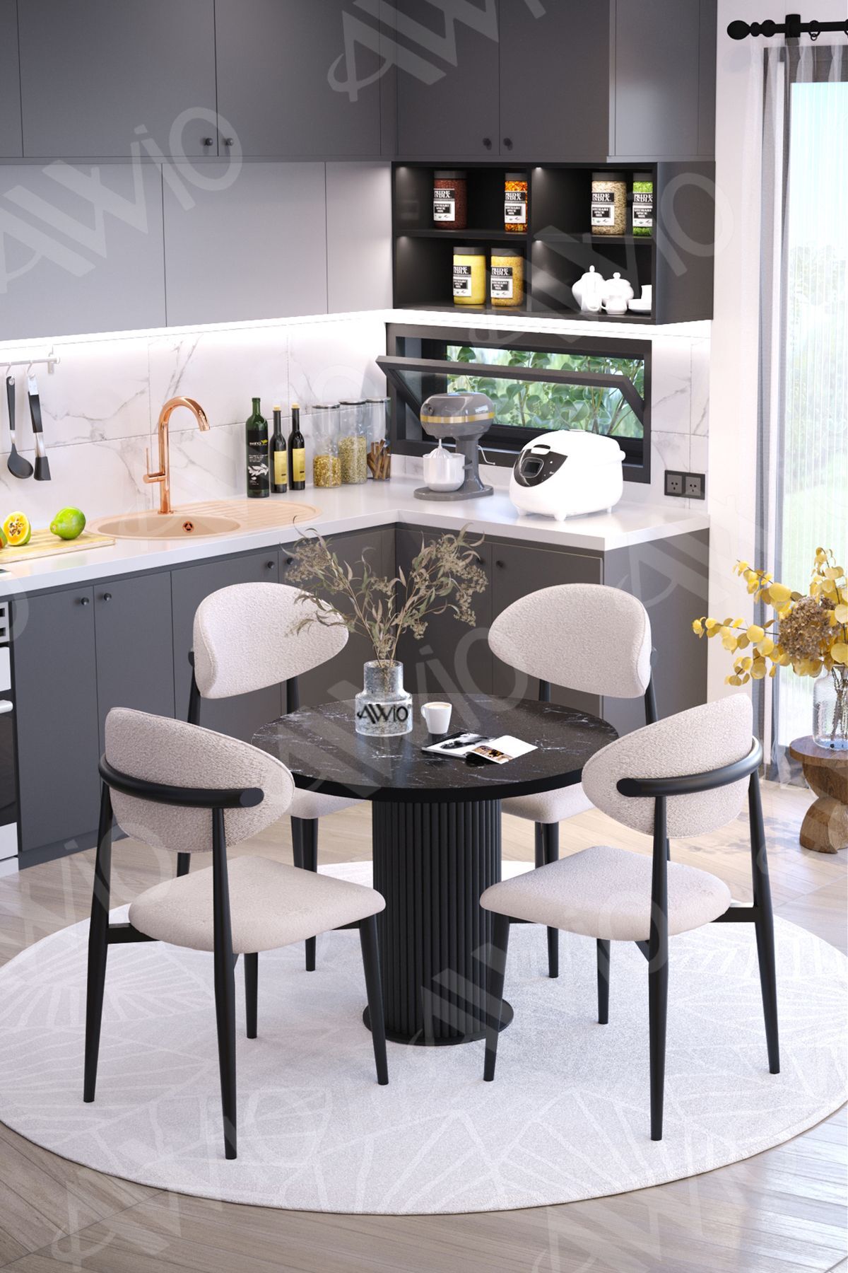 Lyon Bohem Lake Mdf Ayak Siyah Polo Sandalye 90x90 Yemek Masası Mutfak Masası Masa Sandalye Takımı SİYAH MERMER - 90X90