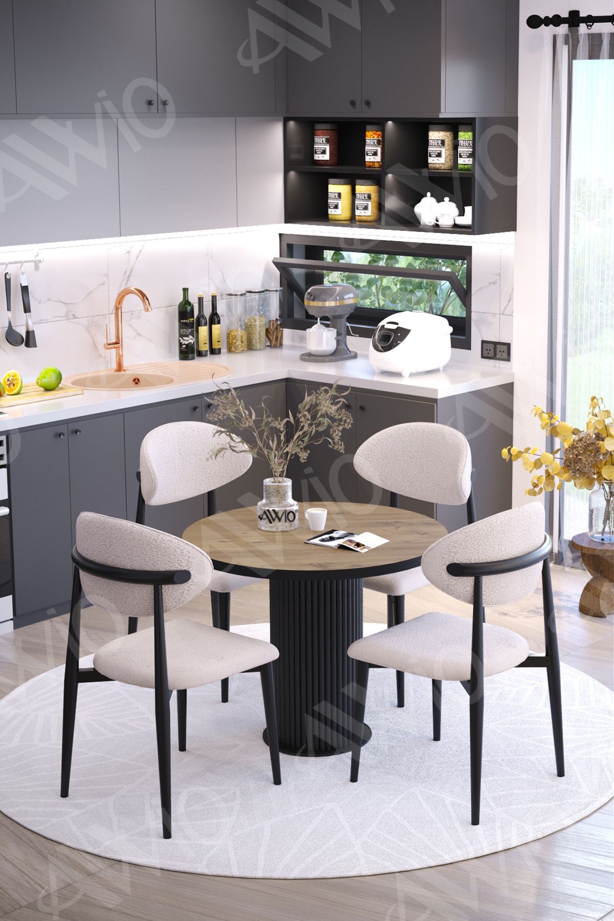 Lyon Bohem Lake Mdf Ayak Siyah Polo Sandalye 90x90 Yemek Masası Mutfak Masası Masa Sandalye Takımı AKÇA - 90X90