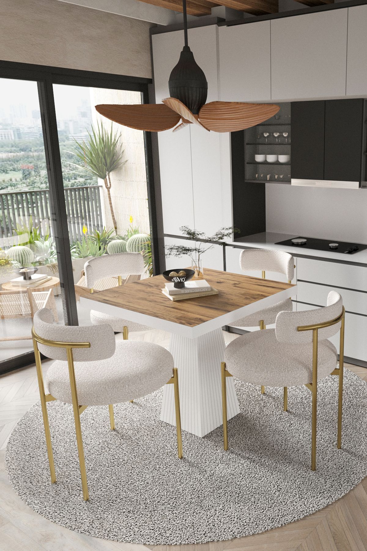 ARONA  Beyaz Lake MDF Ayak  90x90 Yemek Masası Mutfak Masası 4 Kişilik Masa Takımı Teddy Sandalye