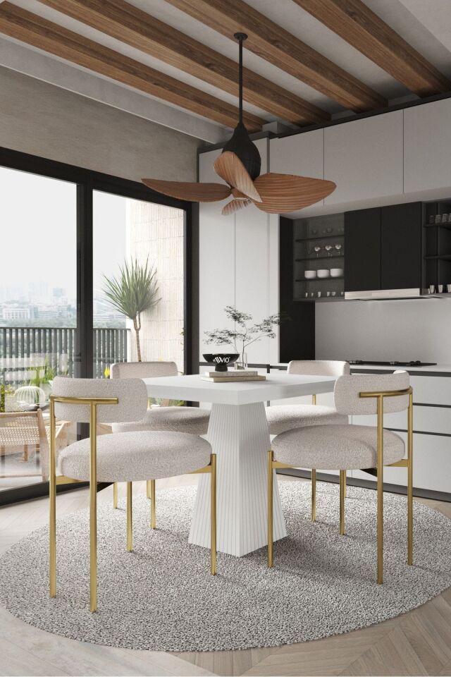 ARONA  Beyaz Lake MDF Ayak  90x90 Yemek Masası Mutfak Masası 4 Kişilik Masa Takımı Teddy Sandalye