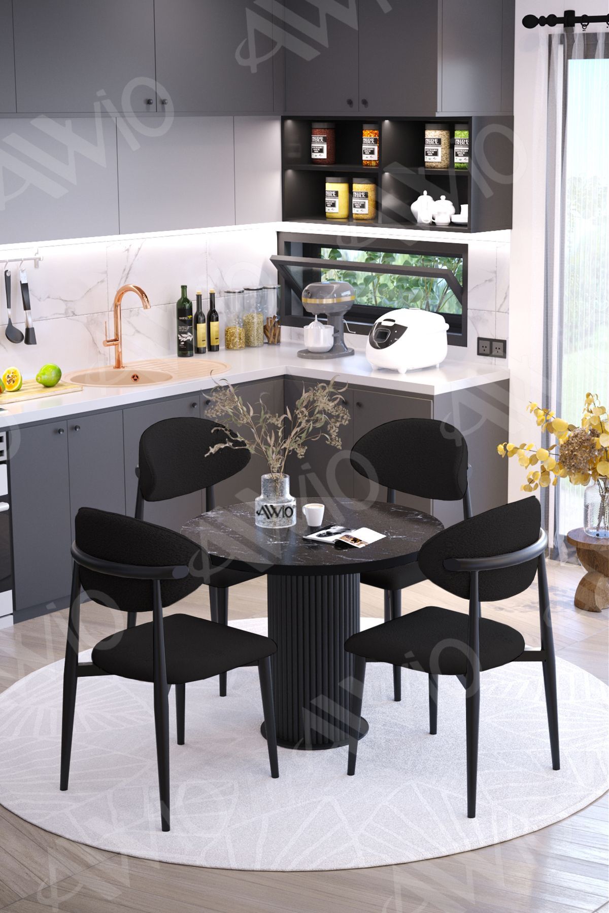 Talex Bohem Ayak Siyah Polo Metal Sandalye 90x90 Yemek Masası Mutfak Masası Masa Sandalye Takımı SİYAH MERMER - 90X90