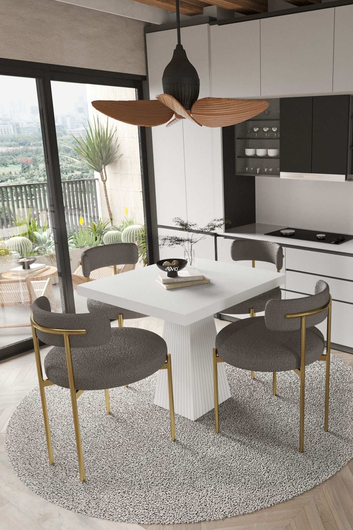 ARONA  Beyaz Lake MDF Ayak  90x90 Yemek Masası Mutfak Masası 4 Kişilik Masa Takımı Teddy Sandalye