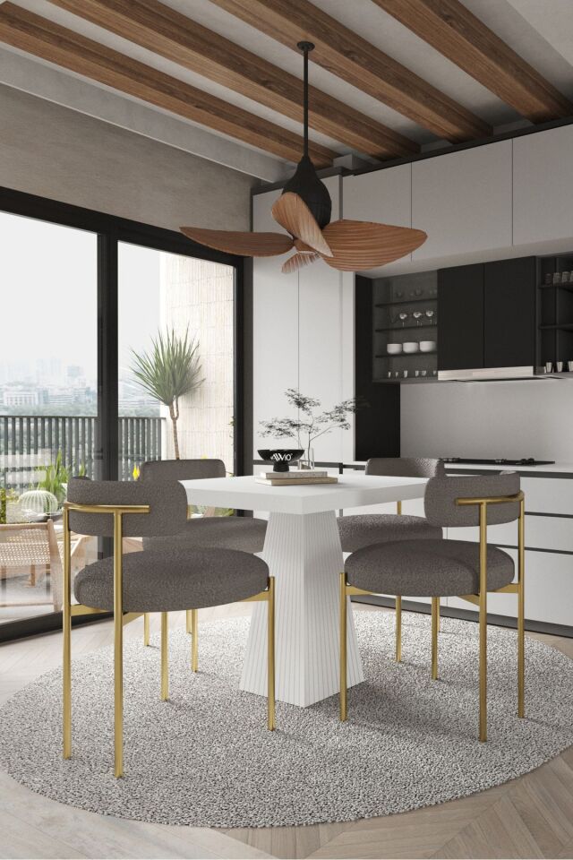 Arona Beyaz Lake MDF Ayak 90x90 Yemek Masası Mutfak Masası 4 Kişilik Masa Takımı Teddy Sandalye