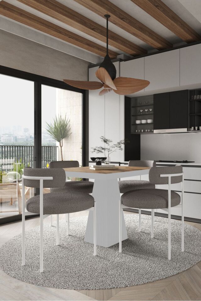 Savana Beyaz Lake MDF Ayak 90x90 Yemek Masası Mutfak Masası 4 Kişilik Masa Takımı Teddy Sandalye