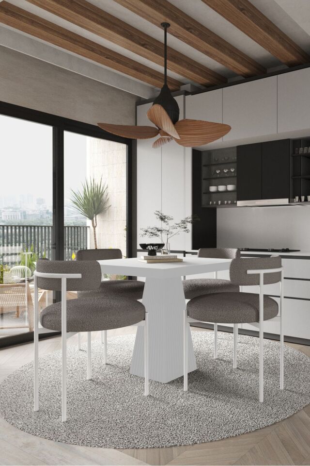 Savana Beyaz Lake MDF Ayak 90x90 Yemek Masası Mutfak Masası 4 Kişilik Masa Takımı Teddy Sandalye