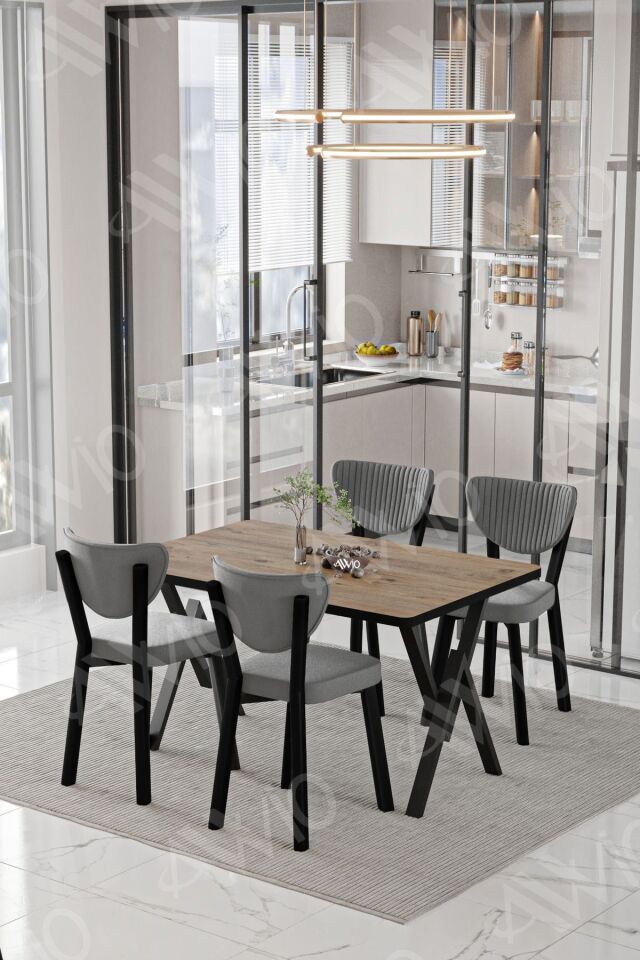 Pedra Elma Sandalye 80x120 Yemek Masası Mutfak Masası 4 Kişilik Masa Sandalye Takımı