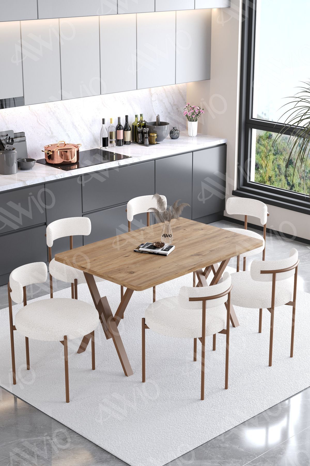 FABİO  Teddy Sandalye 80x140 Yemek Masası Mutfak Masası 6 Kişilik Masa Sandalye Takımı