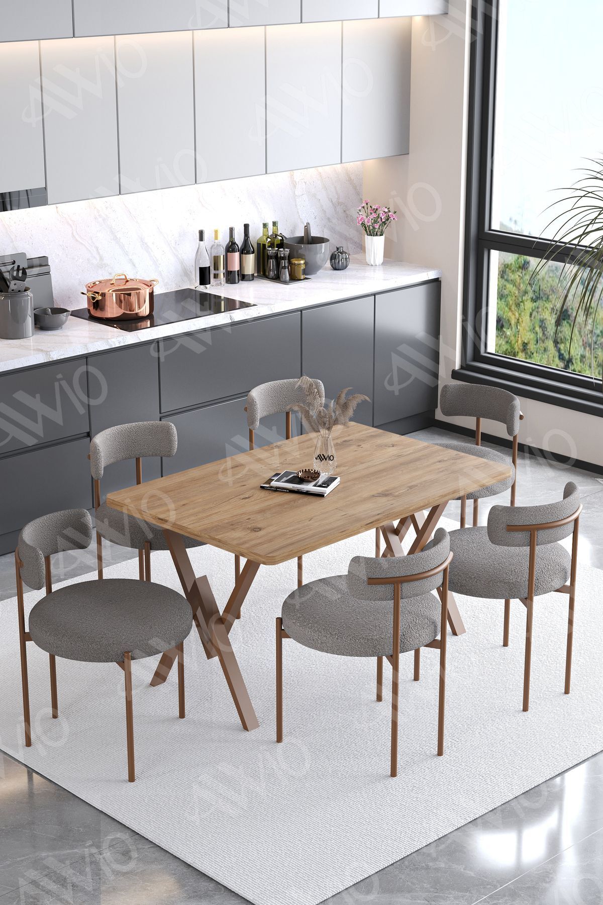 LYON  Teddy Sandalye 80x140 Yemek Masası Mutfak Masası 6 Kişilik Masa Sandalye Takımı