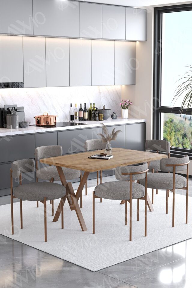 LYON  Teddy Sandalye 80x140 Yemek Masası Mutfak Masası 6 Kişilik Masa Sandalye Takımı