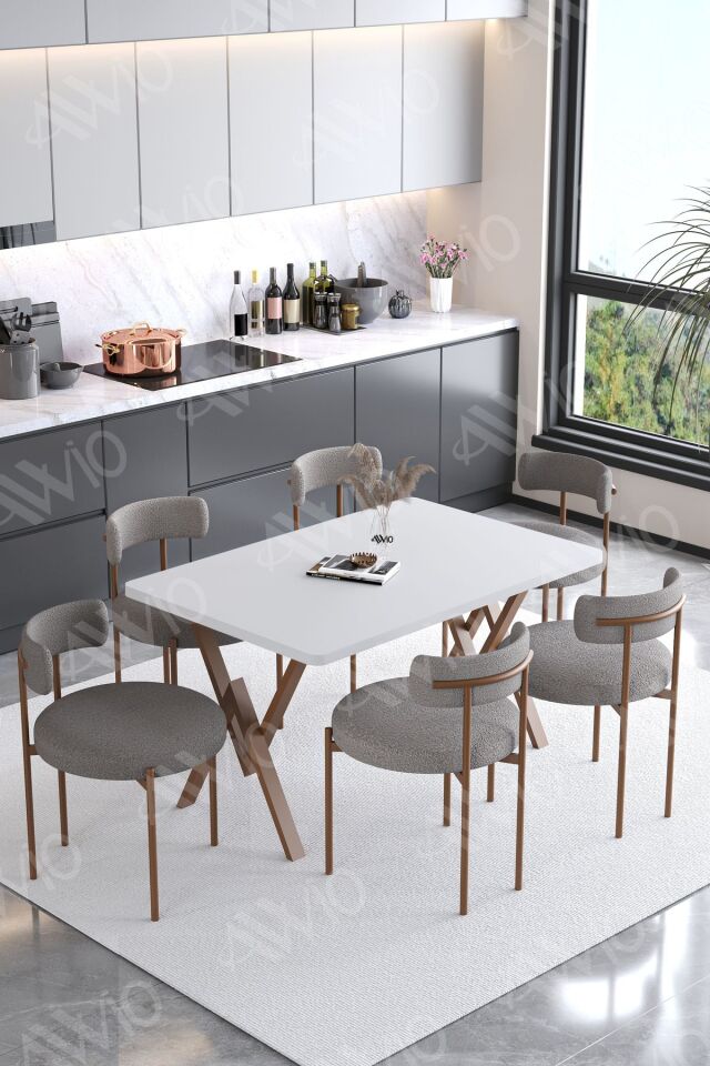 LYON  Teddy Sandalye 80x140 Yemek Masası Mutfak Masası 6 Kişilik Masa Sandalye Takımı