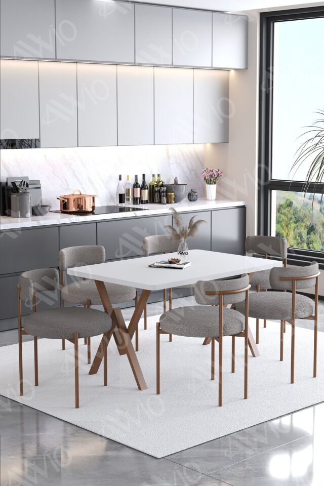 LYON  Teddy Sandalye 80x140 Yemek Masası Mutfak Masası 6 Kişilik Masa Sandalye Takımı