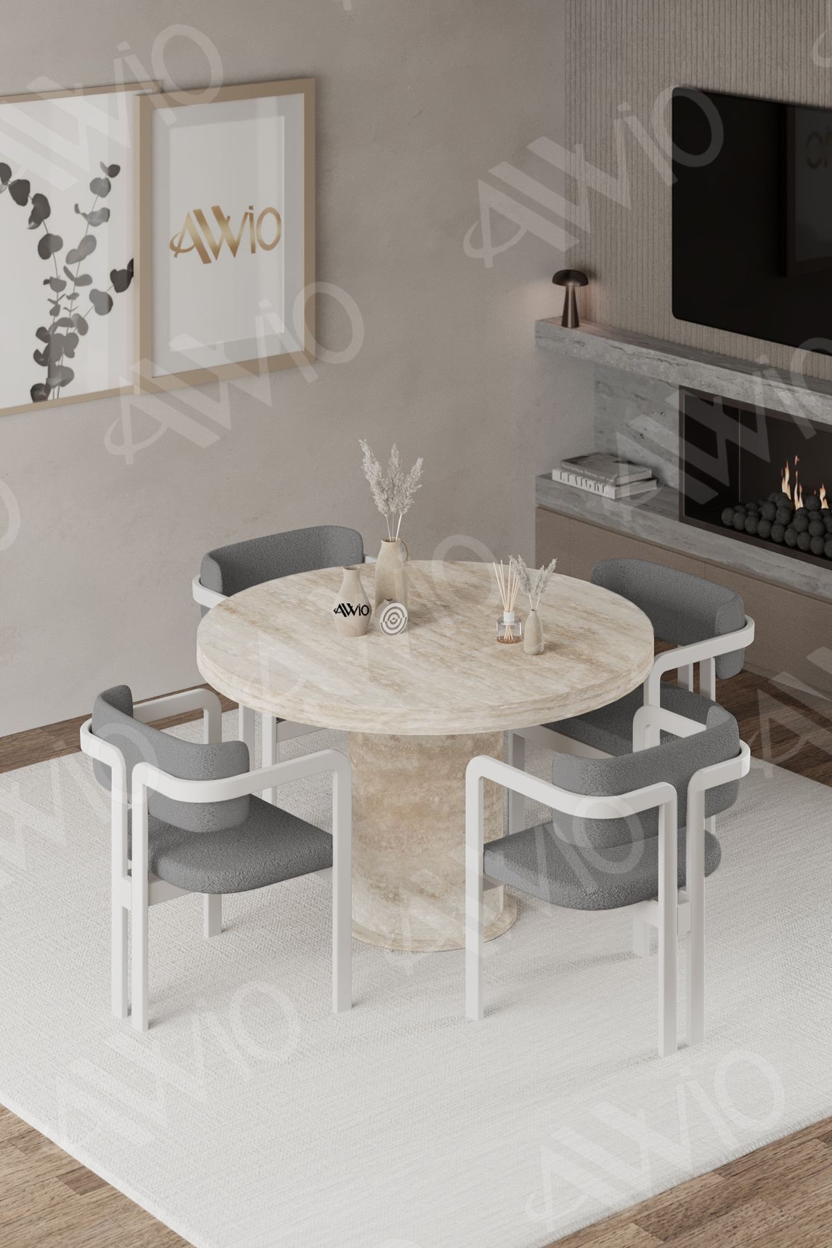ORİON Traverten 90X90 YUVARLAK Yemek Masası Mutfak Masası 4 Kişilik Masa Sandalye Takımı KREM TRAVERTEN MASA SANDALYE GRİ - 90X90