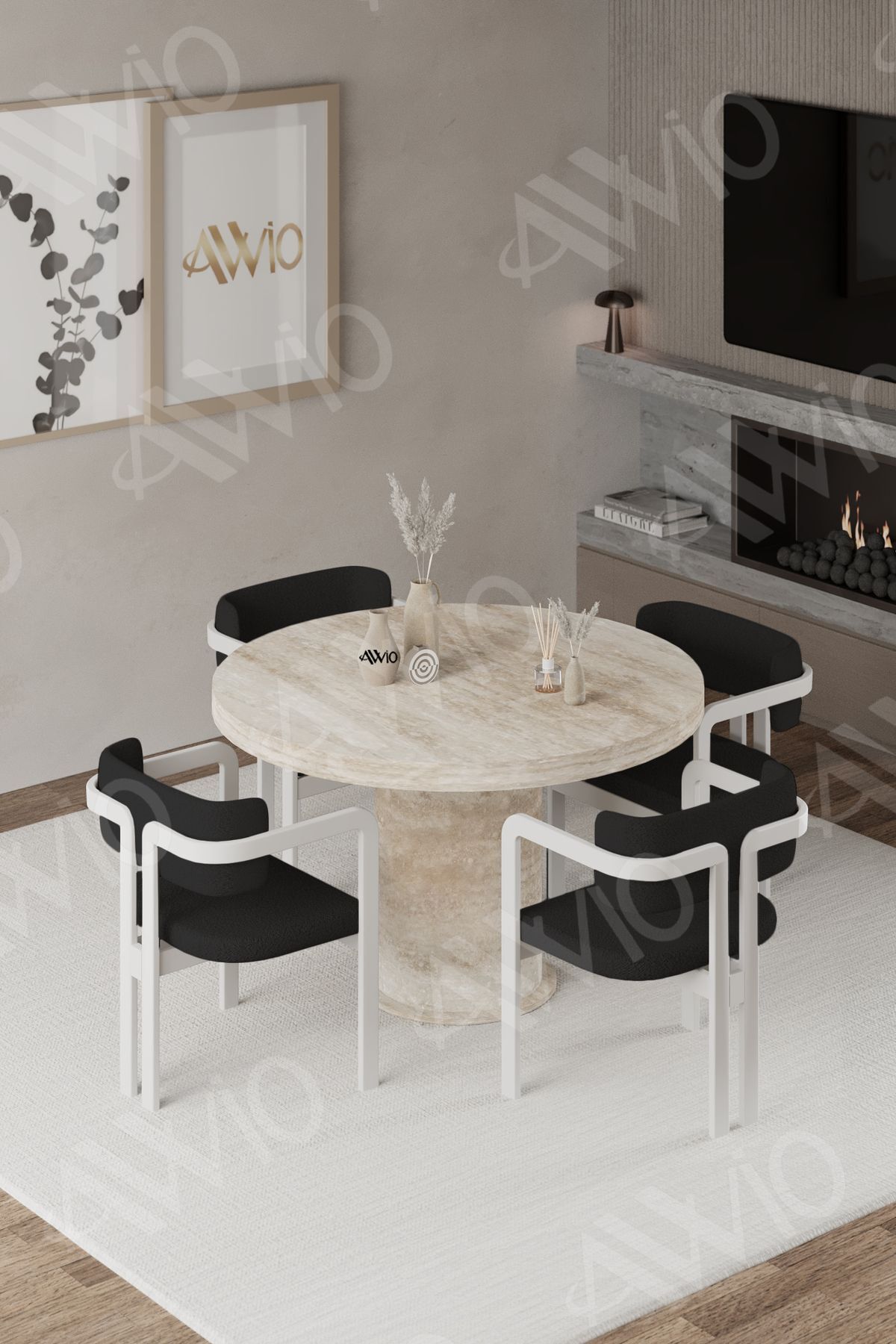 ORİON Traverten 90X90 YUVARLAK Yemek Masası Mutfak Masası 4 Kişilik Masa Sandalye Takımı KREM TRAVERTEN MASA SANDALYE SİYAH - 90X90
