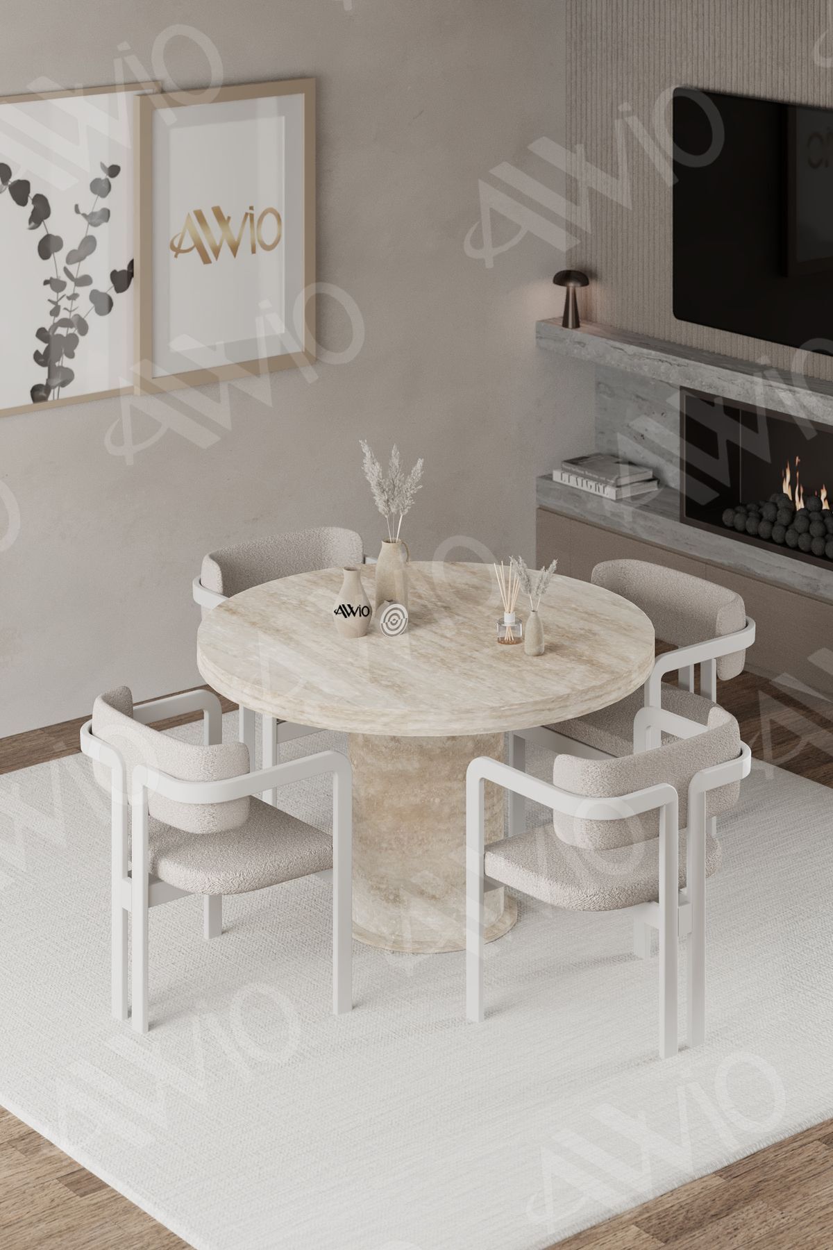 ORİON Traverten 90X90 YUVARLAK Yemek Masası Mutfak Masası 4 Kişilik Masa Sandalye Takımı KREM TRAVERTEN MASA SANDALYE BEYAZ - 90X90