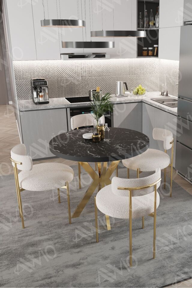 Lea Mat Gold Ayak 4'lü Teddy Sandalye 90x90 Masa Sandalye Takımı