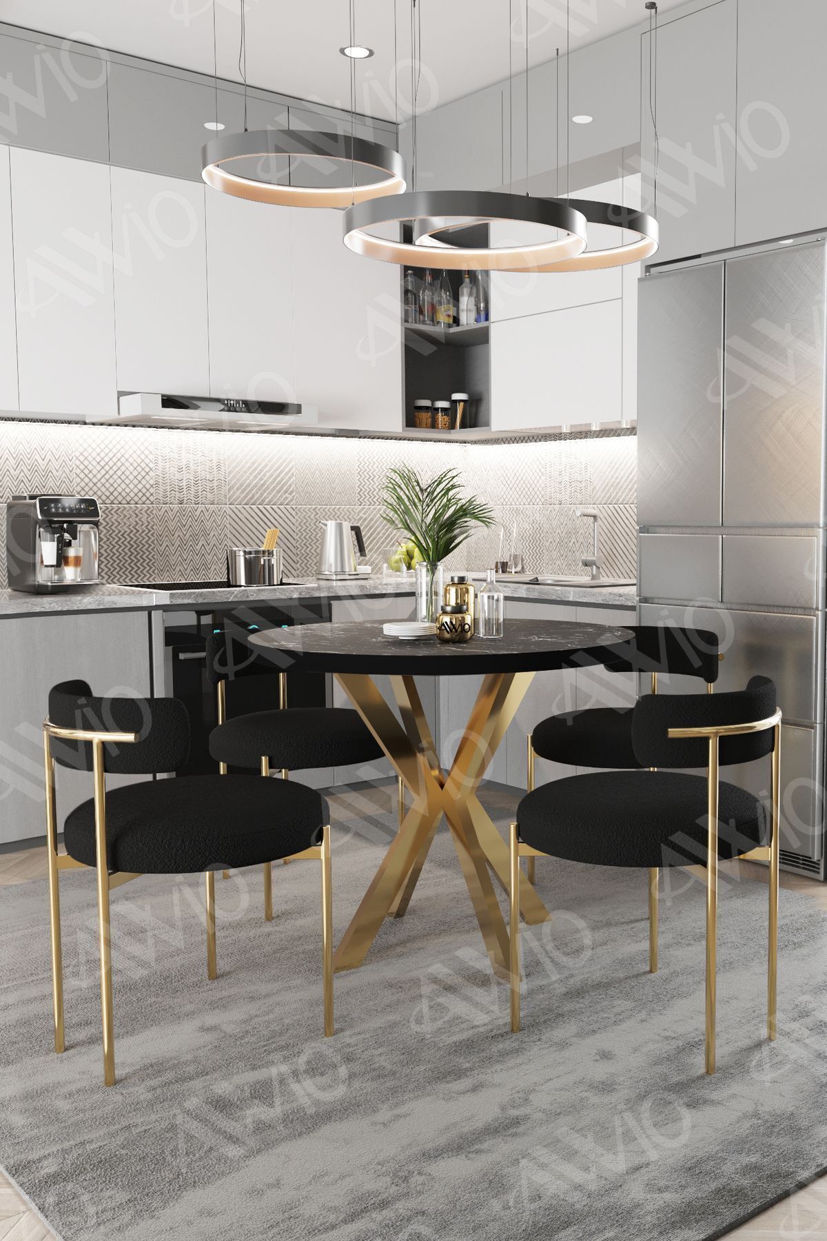 VİOLA MAT GOLD Ayak 4'lü Teddy Sandalye 90X90 Masa Sandalye Takımı SİYAH MERMER - 90X90
