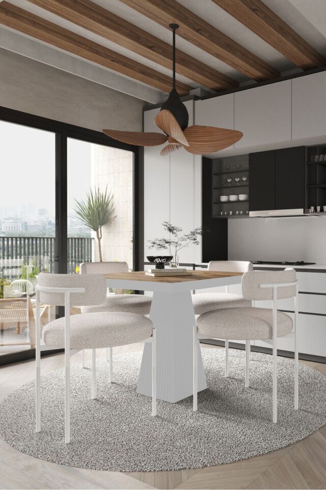 Mayer  Beyaz Lake MDF Ayak  90x90 Yemek Masası Mutfak Masası 4 Kişilik Masa Takımı Teddy Sandalye