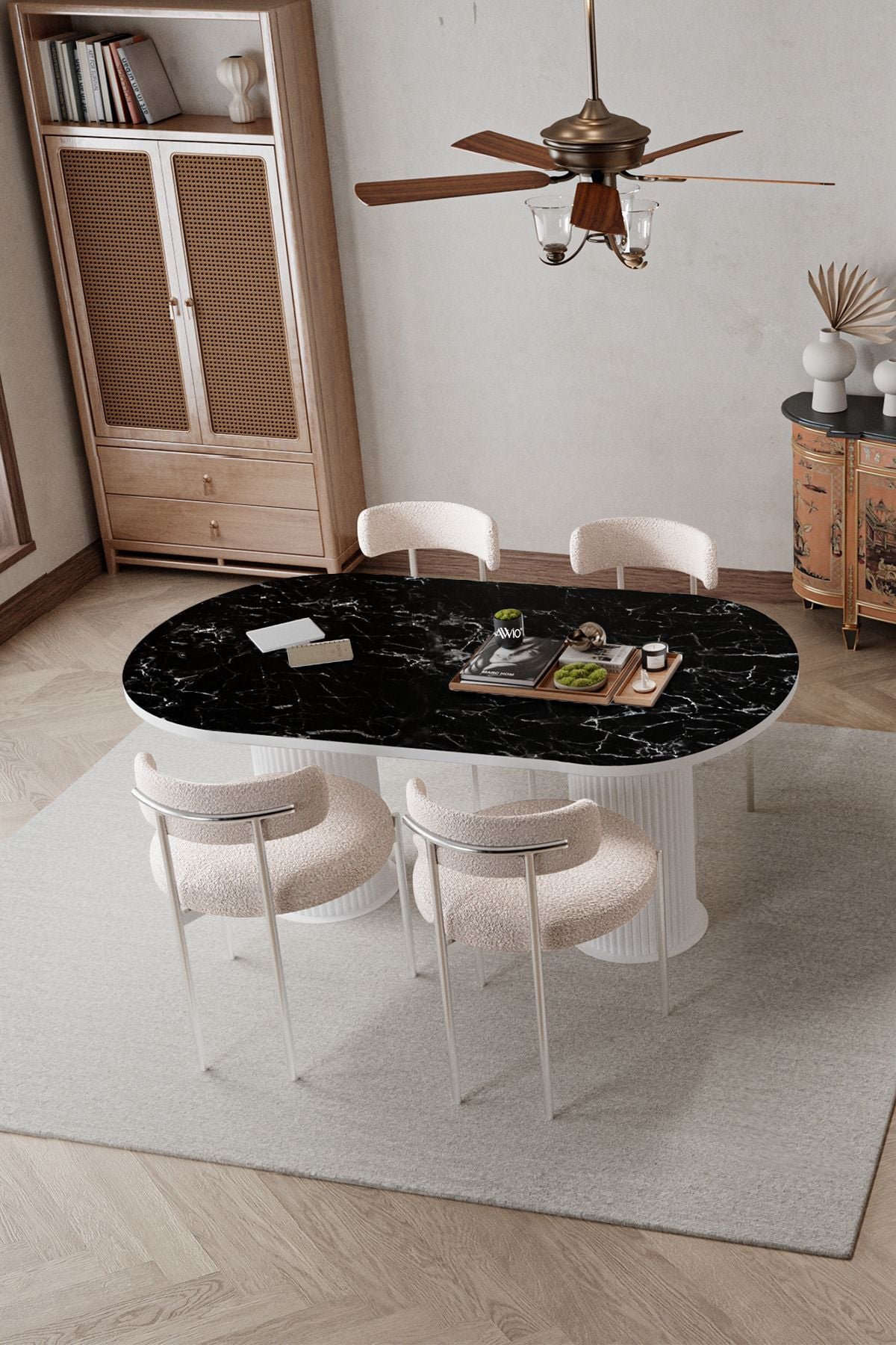 Tesla Beyaz Bohem Ayak 80x140 Mutfak Masa Teddy Sandalye Takımı