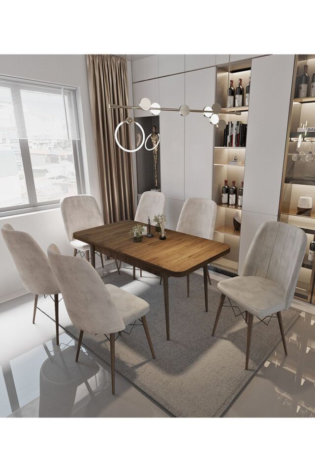 Sümela 80x130(KAPALI) 80x170(AÇIK) Yemek Masası Takımı Mutfak Masası Takımı Krem 6 Sandalyeli KREM - 80X130