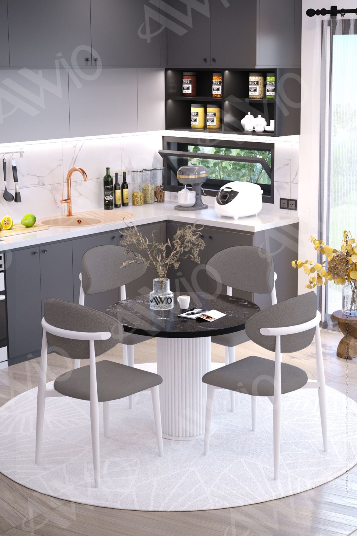 Bella Bohem Ayak Beyaz Polo Sandalye 90x90 Yemek Masası Mutfak Masası Masa Sandalye Takımı Siyah - 90X90