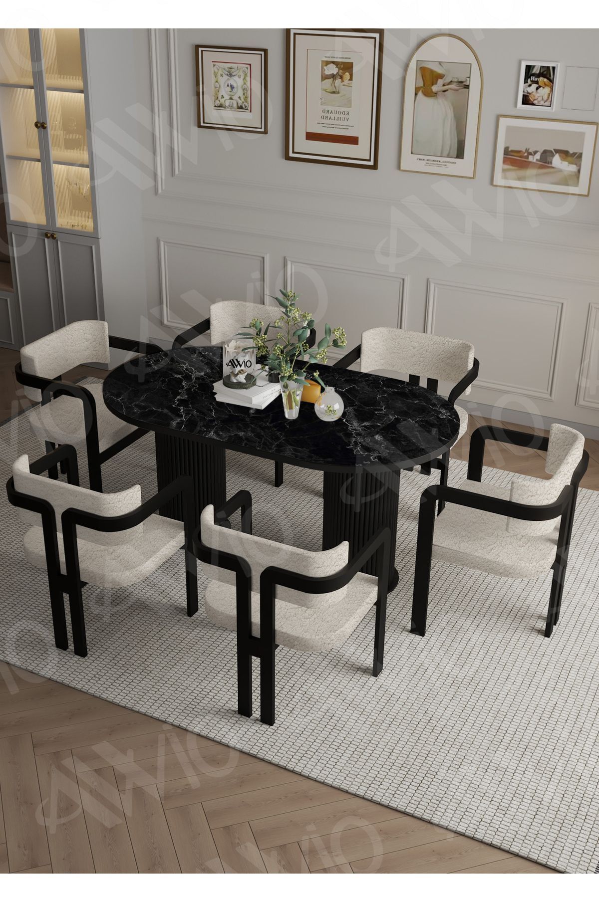 Calina Bohem Ayak 6'lı Tokyo Metal Demonte Sandalye 80x160 Masa Sandalye Takımı Siyah Mermer - 80X160